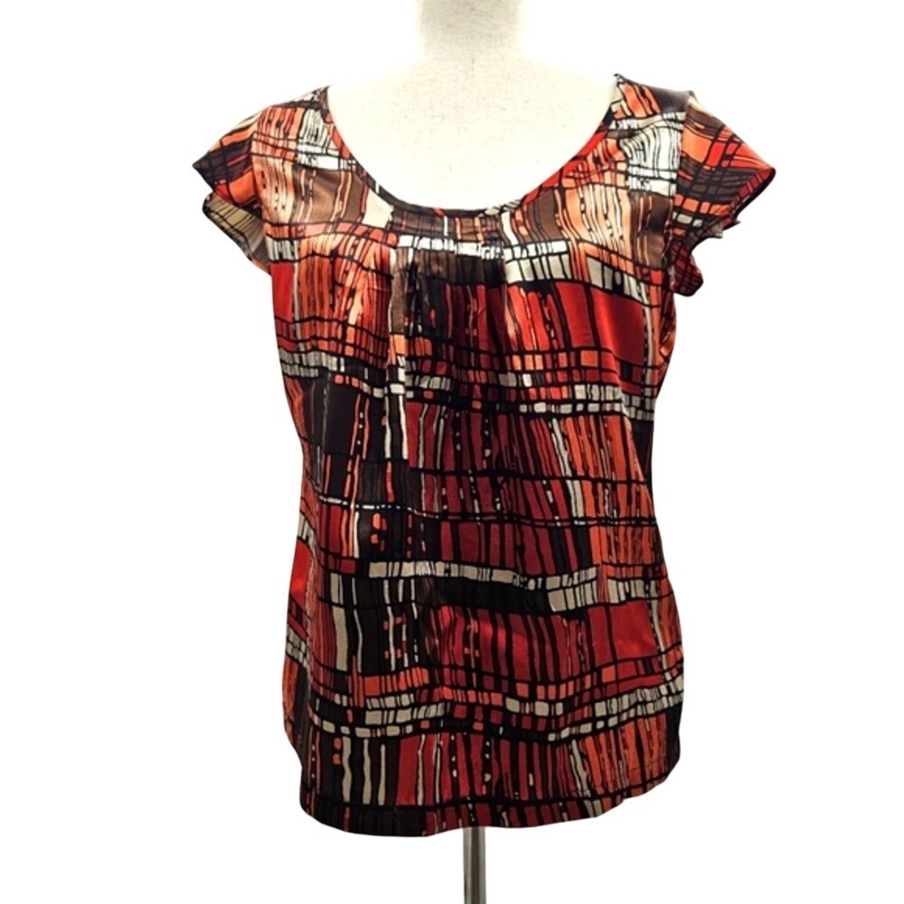 Apt 9 Stretch Satin Blouse Orange Brown Geometric Abstract Cap Sleeve Small